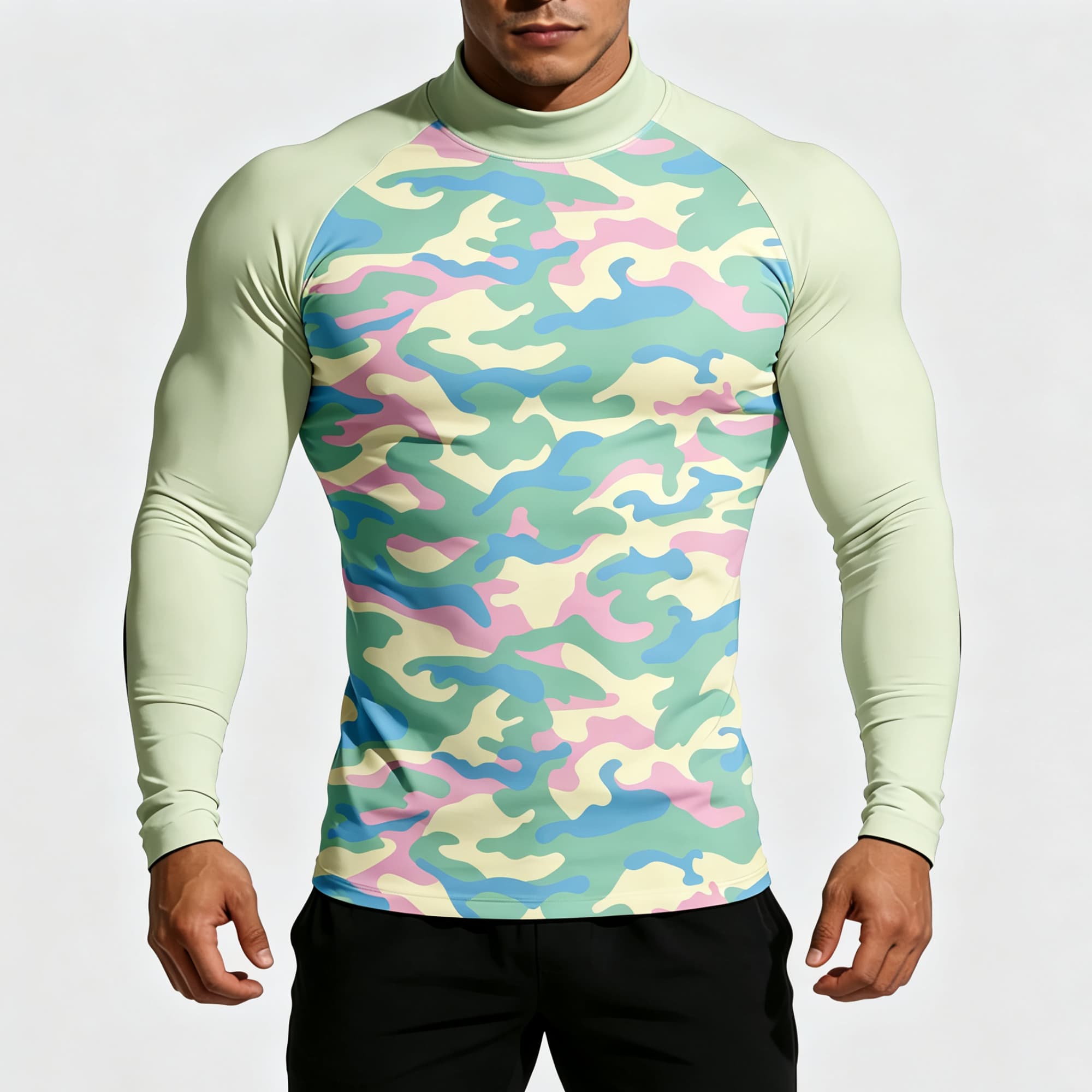 Base Layer Top - เสื้อยืดแขนยาวคอเต่าลายพรางพาสเทลสำหรับผู้ชาย ผ้ายืด ระบายอากาศได้ดี เหมาะสำหรับการออกกำลังกายและเป็นเสื้อชั้นใน